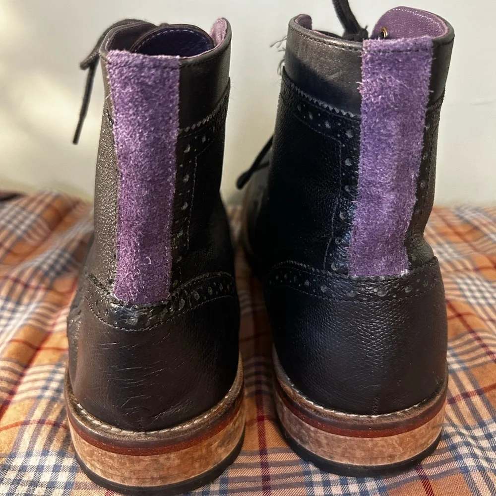 Ted Baker Sealls 3 Black & Purple Accent Leather Wing-tip Brogue Boots